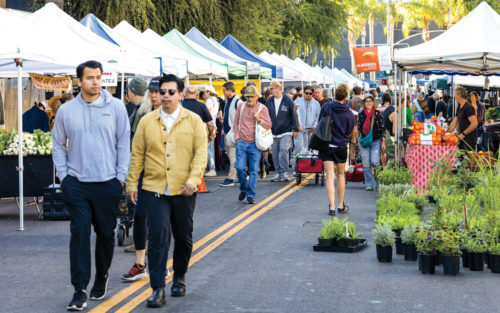 Shoppers walk between stands at a farmers market.